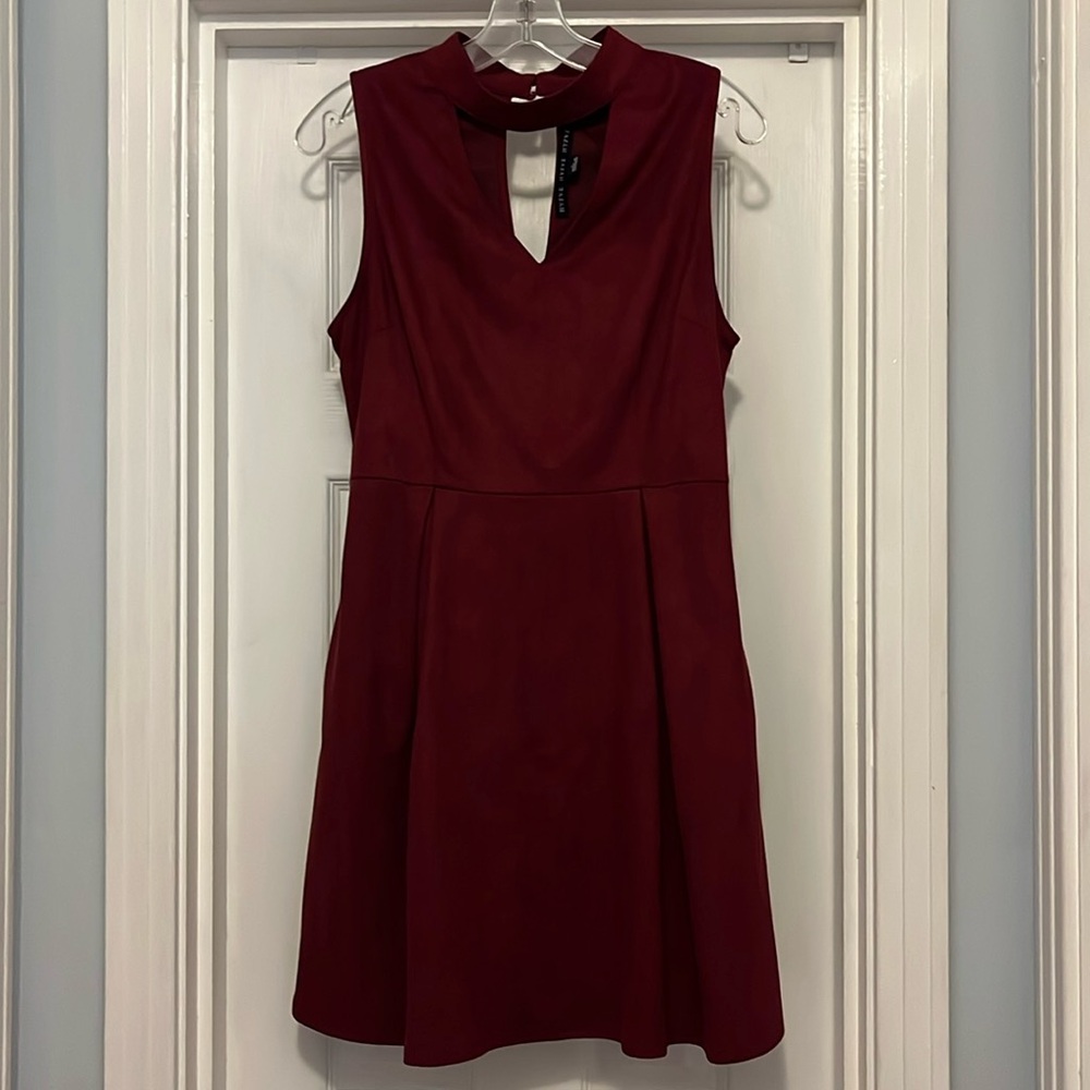 Red dress, with pockets, that looks like suede